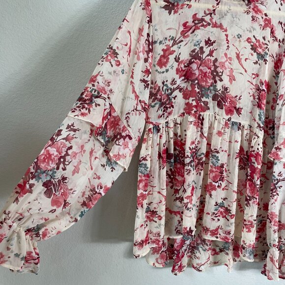 Sundance Womens Large Sheer Floral Peplum Top Ruffle Detail Long Sleeve Blouse - Picture 10 of 12